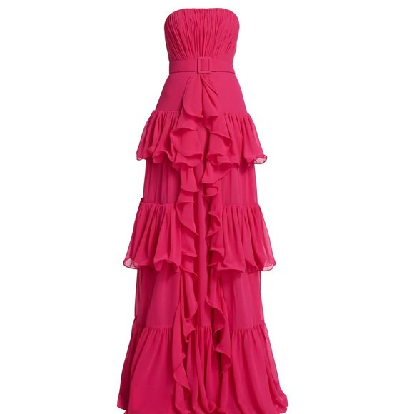 Badgley Mischka Strapless Tiered Ruffle Gown - Pink/Fuschia Size 8 - Picture 4 of 5